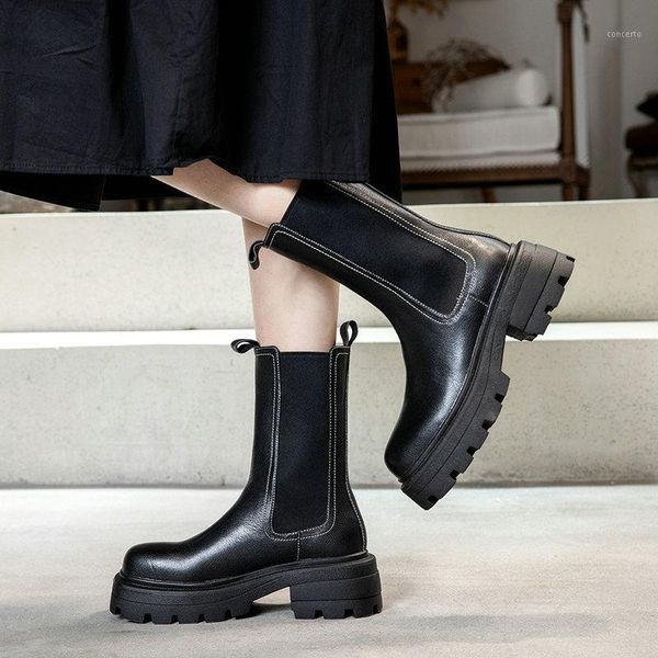 

concise platform genuine leather women's autumn winter ankle boots square toe high heels shoes woman party office shoes woman1, Black