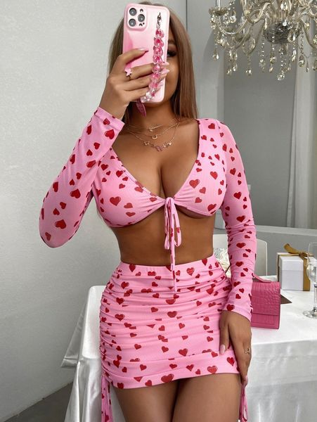 

allover heart print tie front mesh crop a90s#, White