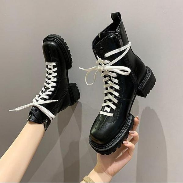 

ankle boots for women 2020 autumn new british style side zipper motorcycle boots female fashion lace up short boot, Black