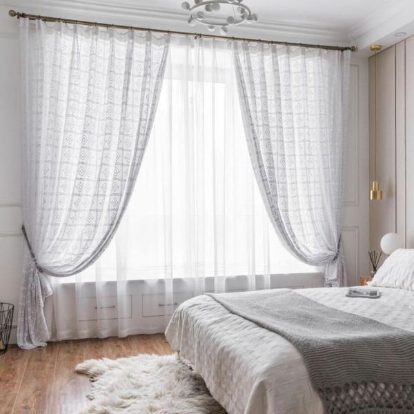 

beige white curtains drapes bedroom long sheer curtain lace trim hollow out cotton cortina living room french window decor zc108