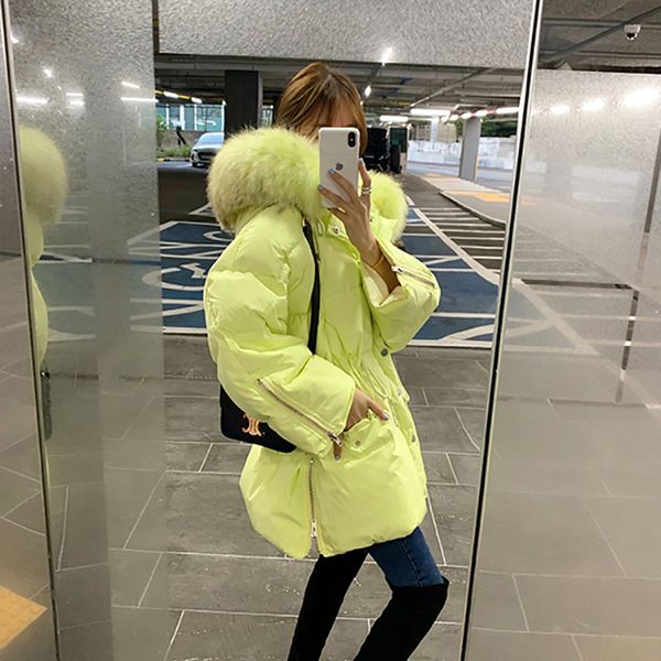 

janveny big natural raccoon fur hooded korean down jacket women winter duck down coats female parkas sash tie up snow coat 201019, Black