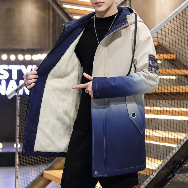 

autumn winter 2020 new leisure medium long hooded jacket, tapered plush and thickened windbreaker, men's coat, Tan;black