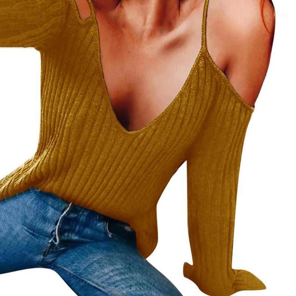 

fashion women's v-neck solid color cold shoulder strap long sleeve casual pullover blouse plus size blusas femininas#g31, White
