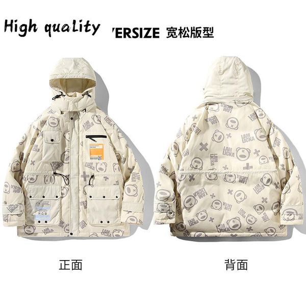 

the winter new panda printing more pocket hooded collar men loose down jacket popular female couples leisure coat, Black