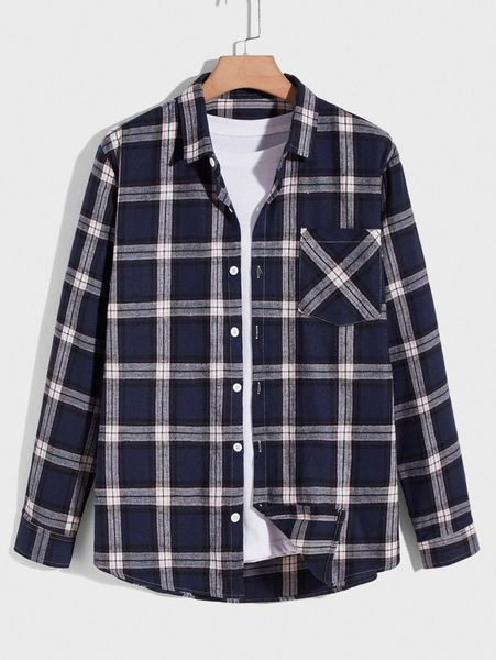 

romwe guys plaid button front pocket shirt without tee t0h9#, White;black