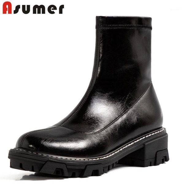 

boots asumer 2021 arrive ankle women stretch pu autumn winter low heel casual shoes punk fashion woman black1, Black