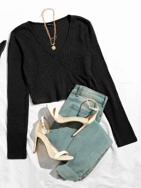 

heathered knit surplice neck cropped tee c6hy#, White