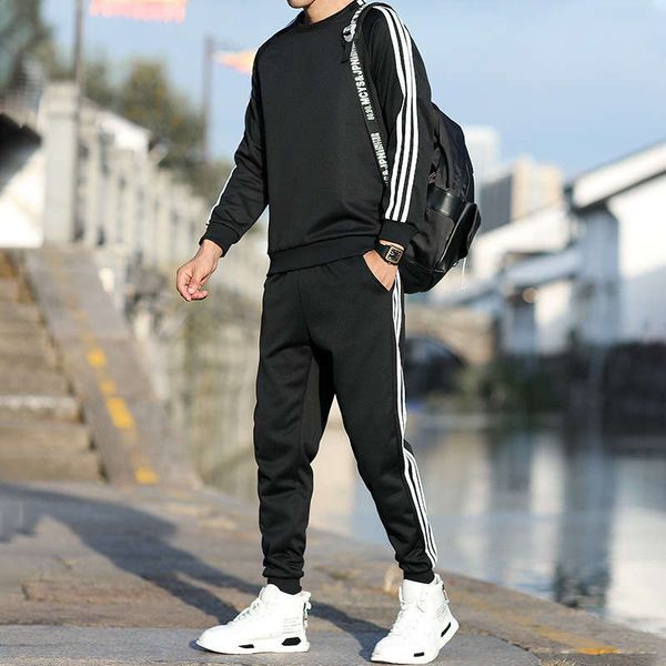 

2020 new men's leisure three bars youth loose sweater sports suit fitness running sportswear, Gray