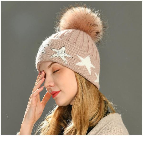 

beanie hat for women winter hat knitted autumn fur hat ladies warm bonnet cap with rhinesto qylqhw, White