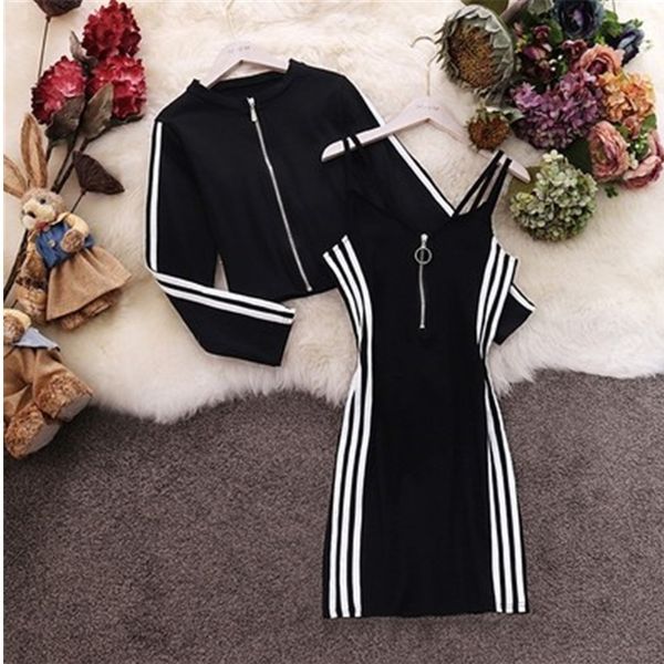 

summer autumn two piece set long sleeve o-neck zipper coat and sling sheath dress new harajuku fashion cotton tracksuit lj201126, White