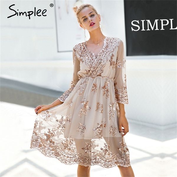 

simplee v neck long sleeve sequined party dresses women mesh streetwear midi dress female spring black dress vestido lj200818, Black;gray