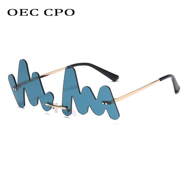 

oec cpo personality wave rimless sunglasses women brand fashion punk sun glasses female frameless blue curved glasses uv400 o736, White;black