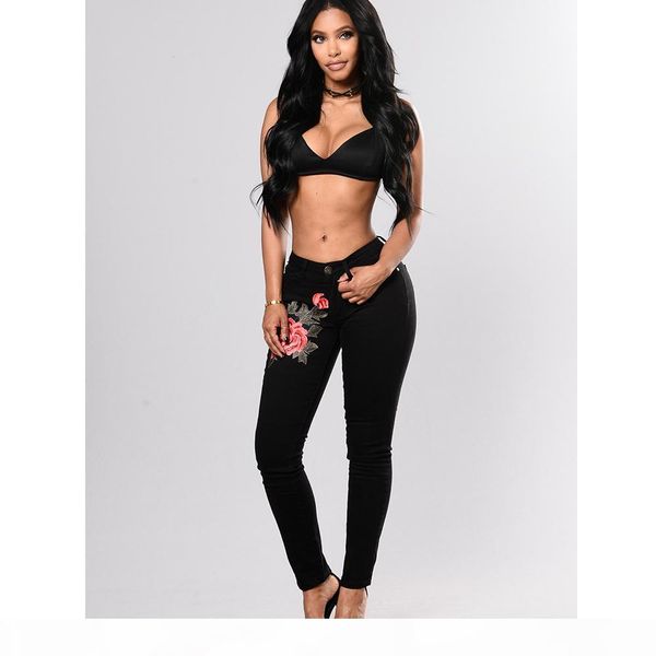 

plus size womens high wasit black stretch jeans pants for women push up embroidery jean jeans pants woman trousers, Blue
