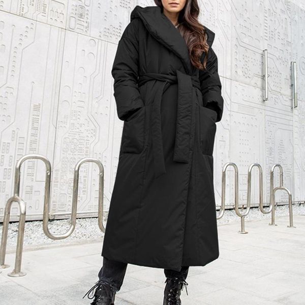 

women fashion hooded mid-length jackets ladies winter warm cotton coats ladies solid color long sleeve plus size fleece jacket1, Black;brown