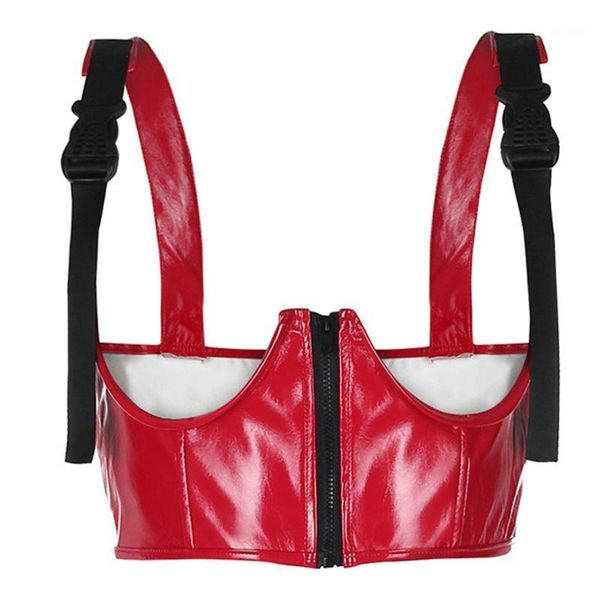 

women harajuku open cup tank faux leather zipper buckle cropped bustier vest m7dd1, White