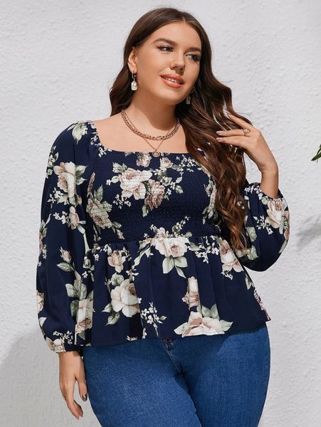 

plus floral print shirred lantern sleeve peplum blouse x8h1#, Black