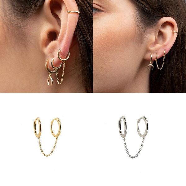 

stud boako fashion women gothic punk handcuff double chain piercing earrings 925 sterling silver european long drop tassel earring, Golden;silver