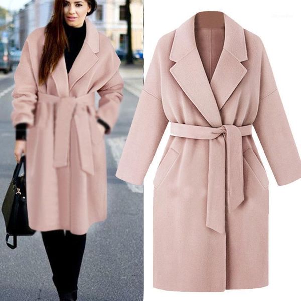 

plus size loose warm wool blends long winter coat turn-down collar adjustable belt wool coats women office work wear elegant#g301, Black