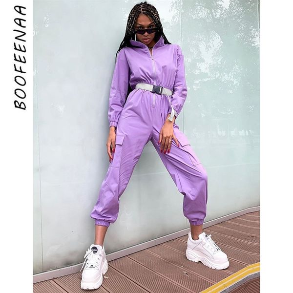 Boofeenaa zip manga longa jumpsuit fivela cinto bolso um pedaço romper mulheres roxo streetwear outfits outfits c70-ag54 201007