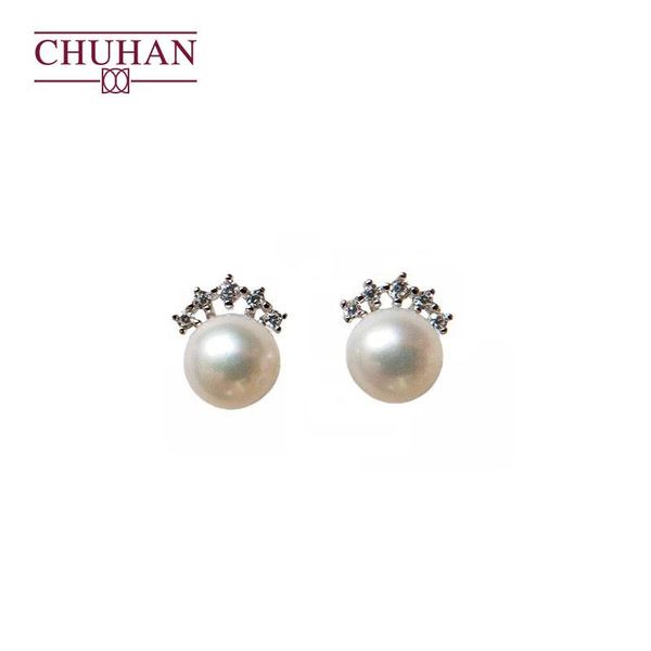 

CHUHAN S925 Silver Princess Crown Stud Earring Freshwater Pearl Inlaid Stud Earringsr Fashion Fine jewelry Free shipping, Golden;silver