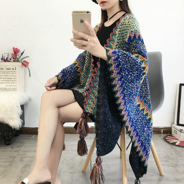 

bohemian tassels geometric cloak shawl knitted autumn knit cardigan hanging balls scarf cardigan female striped poncho1, Blue;gray