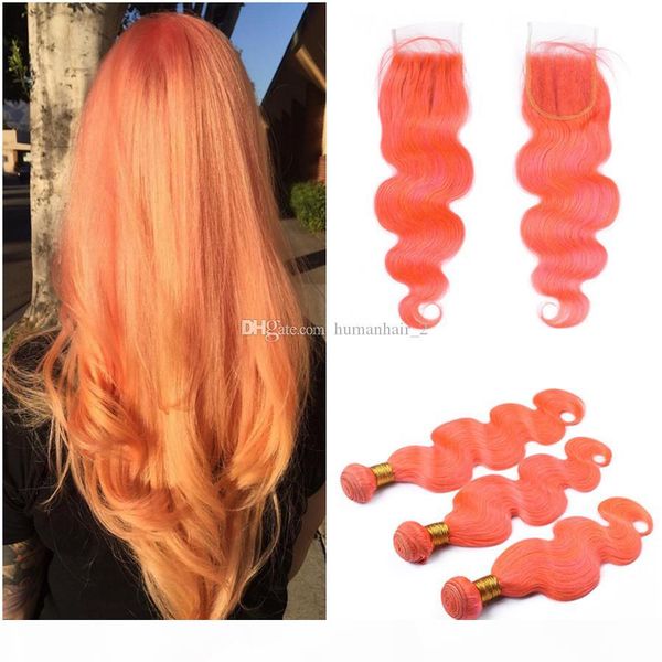 

body wave hair extension with lace closure orange hair weaves 3bundles with 4x4 lace closure light orange pure color with closure, Black;brown