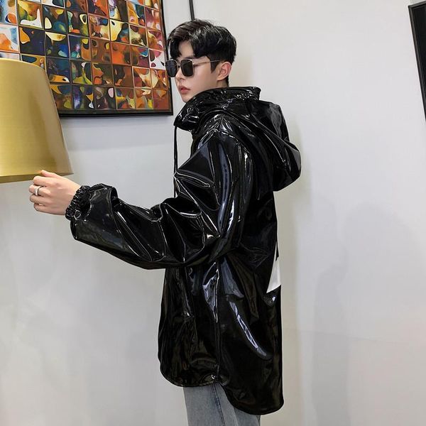 

men hooded pullover leather jacket coat male streetwear hip hop casual black bright leather jacket outerwear autumn new