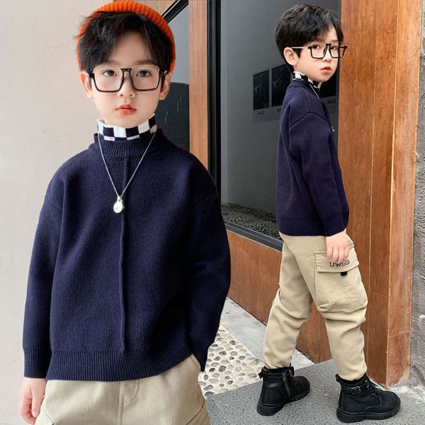 

pullover 2020 new middle school winter boys' foreign sle children's high neck thickened bottomed sweater, Blue