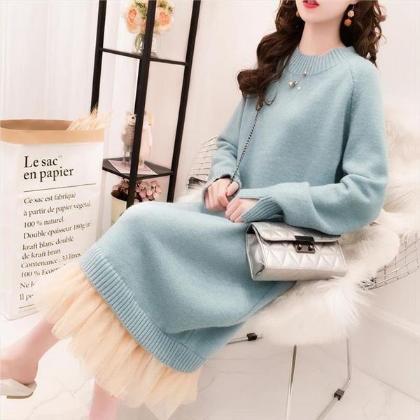 

women loose long knitted sweater dress mesh maxi sweet dress winter fairy full sleeve autumn wear o neck thick bottom one piece, Black;gray