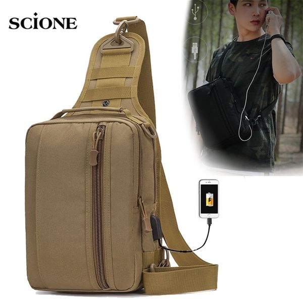 Borsa per il petto di ricarica USB Borsa da trekking Tattico militare Uomo Borse dell'esercito Camouflage Tracolla a tracolla Pesca Blaso Campeggio da viaggio XA843WA 211224