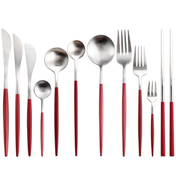 

red silver cutlery set aristocratic party wedding home restaurant western tableware steak knife fork coffee spoon teas sqcqpf