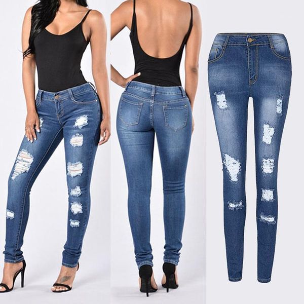

women ripped jeans high waist hole pencil jeans female casual denim slim skinny small ankle length fashion ripped denim trousers1, Blue