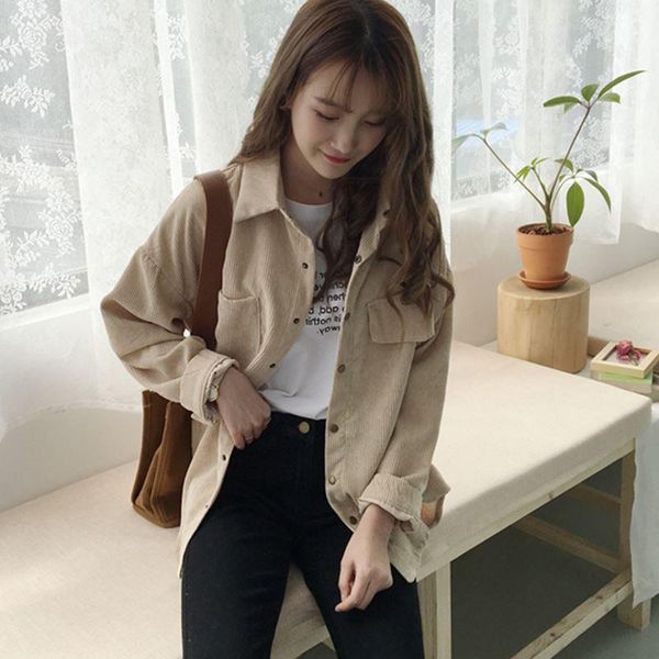 

women harajuku corduroy jackets fashion long sleeve preppy wide waist turn down collar jacket spring autumn girl pocket jaket1, Black;brown