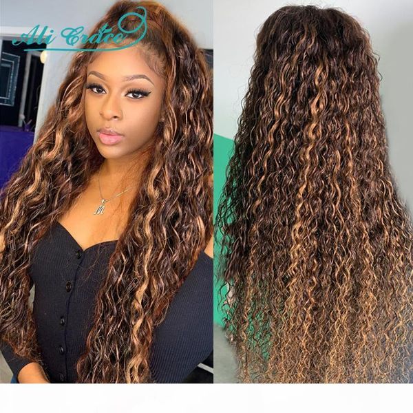 

али грейс highlight браун omber париков волна воды фронта шнурка человеческих волос парики 13x4 бразильское человеческих волос для женщин, Black;brown