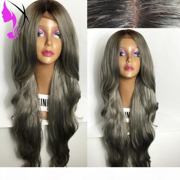 

body wave two tone ombre 1b dark grey brazilian hair lace front wig synthetic african american ombre wigs, Black