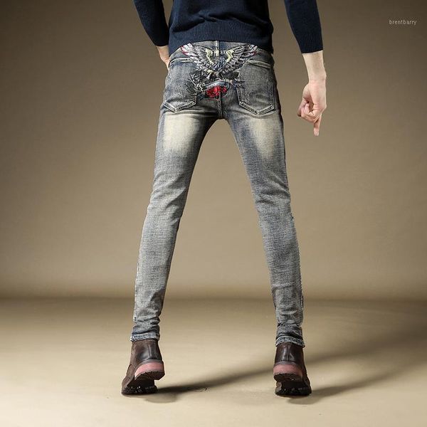 

new 2019 men's male denim pants jeans embroidered tide slim street hip hop trend punk retro old feet trousers1, Blue