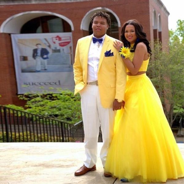 

men's suits & blazers yellow jacket with white pants suit 2 piece summer latest custom wedding dress ball party 2021, White;black