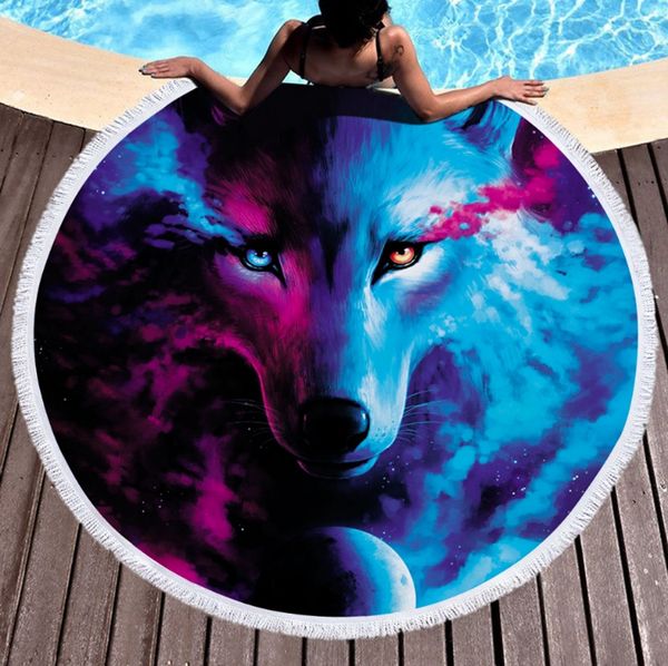 

round beach towel animal printed tapestry tassel women shawl yoga mat picnic rugs wolf lion pringting 17 designs optional 2021 new