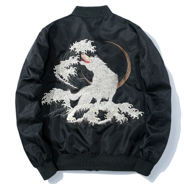 

2021 new winter of men embroidered large wolf casual harajuku black baseball jacket japanese youth male streetwear 35j3 kq25, Black;brown