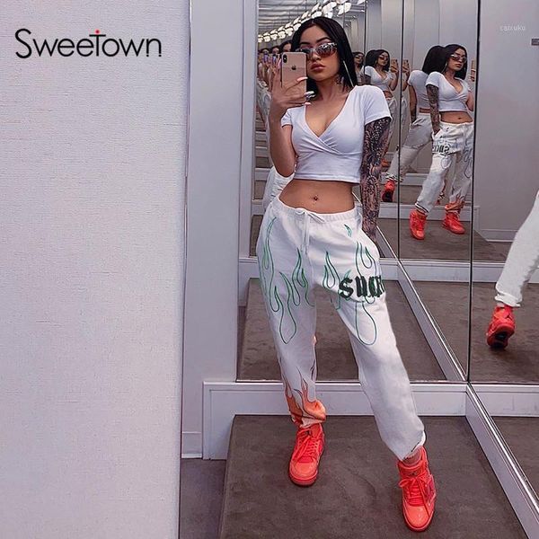 

sweetown white flaming fire printed streetwear pants women korean style elastic high waist sweatpants baggy pants summer autumn1, Black;white