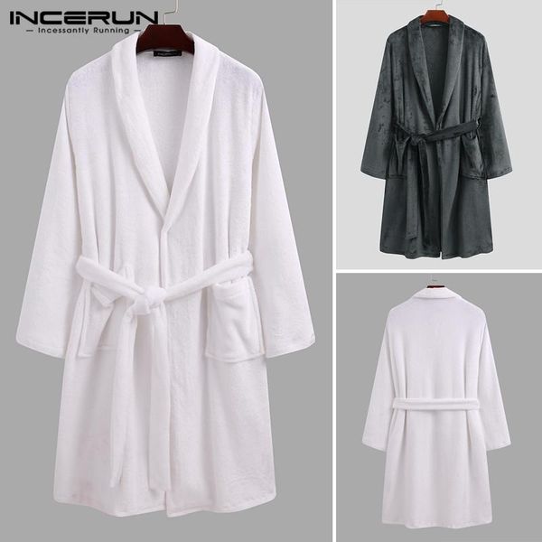 

warm pockets kimono homewear lace up nightgown leisure solid color bathrobe incerun men winter long sleeve lapel sleepwear s-5xl, Black;brown
