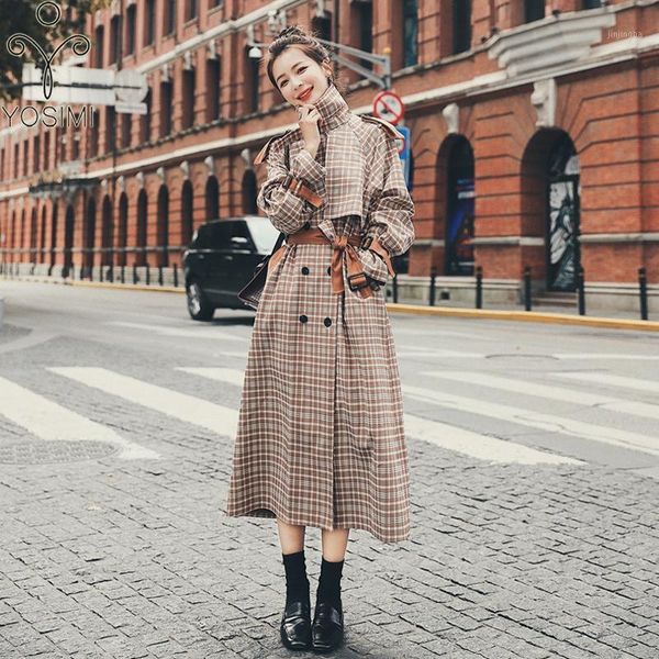 

yosimi women wool coat khaki 2020 autumn winter maxi plus size plaid turn-down collar a-line long woolen coats and jackets women1, Black