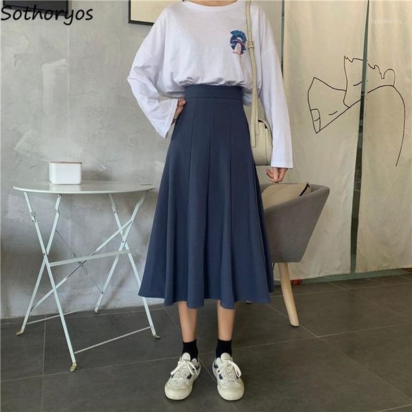 

women skirts solid mid-calf length a-line high waist all-match females leisure chic elegant trendy simple design street loose1, Black