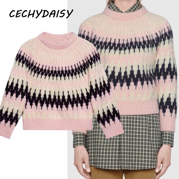 

wool sweater women geometric striped jacquard long sleeve o-neck vintage knitted pink pullover jumper clothing h1211, White;black