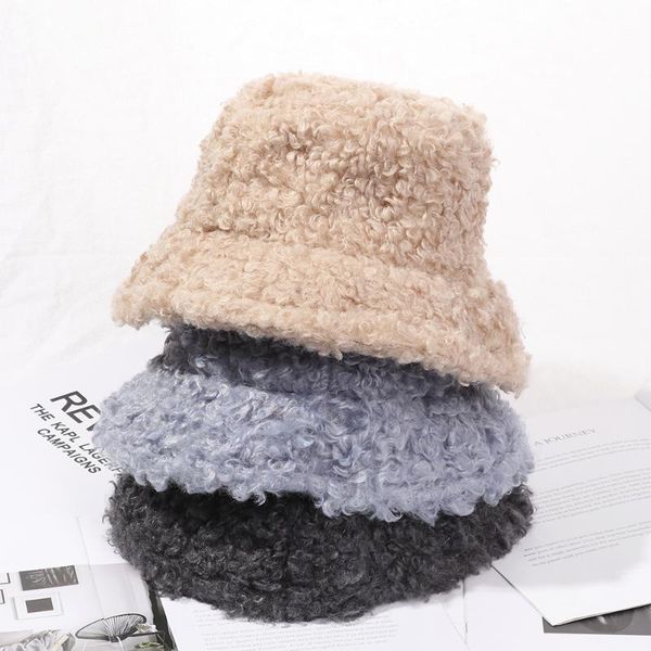 

wide brim hats thicken warm lamb faux fur bucket hat black solid fluffy fishing cap fisherman women winter fashion accessories, Blue;gray
