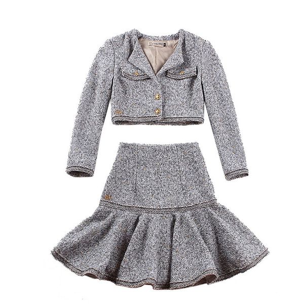 

2021 new le palais fw outstanding classic tweed exit skinny high rise ruffles type and swallow short coat two suitable parts oruy, Black