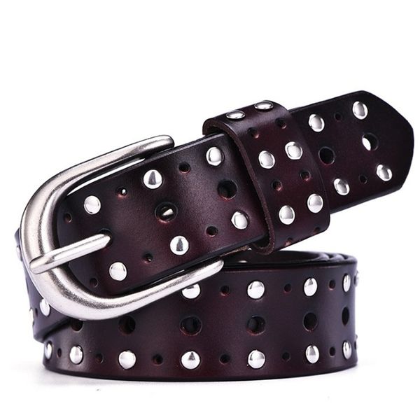 

jxqbsydk belts for women fashion pin buckle porous hole rivets genuine leather belts female waist belts women 2020 t200427, Black;brown