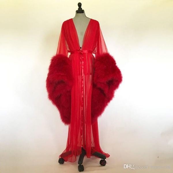 

2020 fur women sleepwear robe long sleeves red nightgown deep v neck ruffles bathrobe pajamas new prom bridesmaid shawl, White