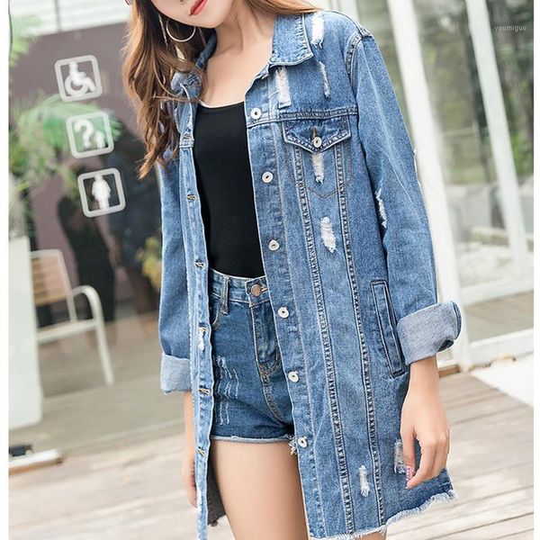 

2017 new autumn women denim jacket flower embroidered hole single buttons long jacket coats jean outerwear basic coat femme1, Black;brown