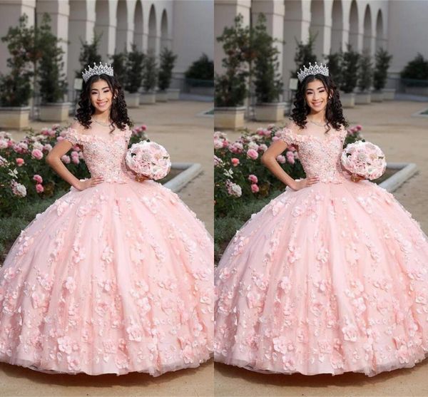 

2022 modest light pink quinceanera dresses with 3d flowers floral applique beaded off the shoulder sweet 16 dress ball gown puffy, Blue;red